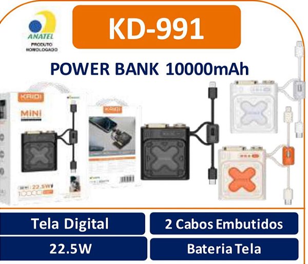 Carregador Portátil Power Bank Kaidi KD-991 – 10000mAh, Tela Digital, 22.5W