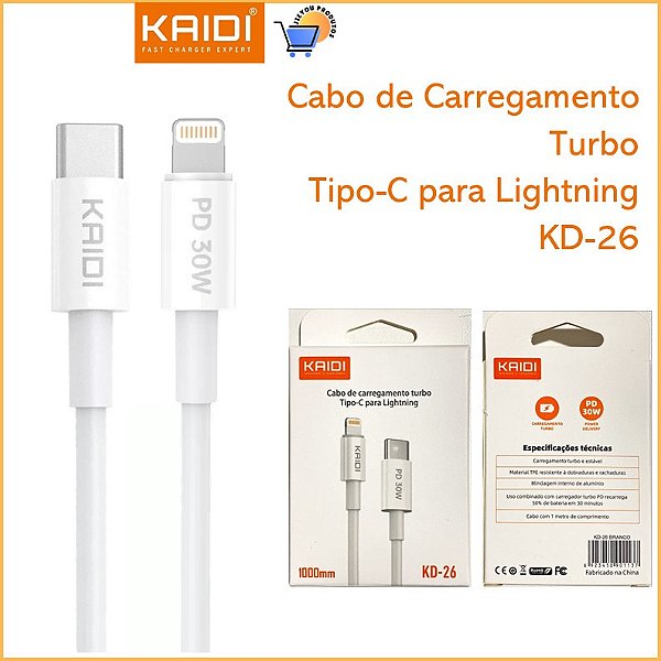 Cabo Kaidi KD-26 Lightning / Tipo-C – Carregamento Turbo PD 30W