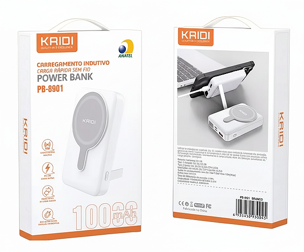 Power Bank KAIDI PB-8901 – 10.000 mAh | Carregamento Indutivo 15W & PD 20W
