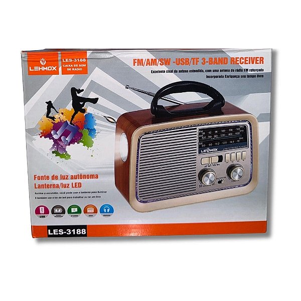 Rádio Retro Lehmox LES-3188 – FM/AM/SW | USB/TF |Lanterna LED-Sortidas