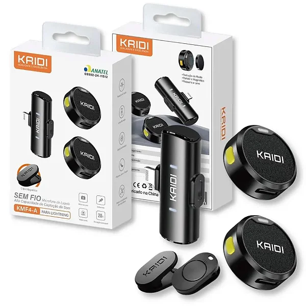 Microfone de Lapela Sem Fio Kaidi KMF4-A – Lightning + Clipe Magnético