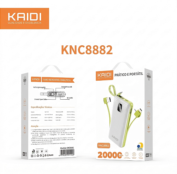 Power Bank 20000mAh Kaidi KNC8882 Carregador Portátil Rápido USB USB-C Linghtning Cor Sortiida