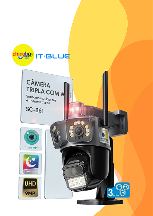 Câmera de Segurança Tripla Wi-Fi IT-BLUE SC-B61 | Ultra HD 9MP, Visão 360° e Alarme Giroflex