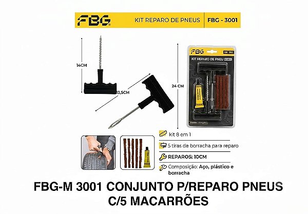 Kit Reparo de Pneus FBG-3001 com 5 Macarrões para Conserto de Pneus