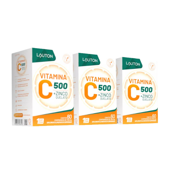 Combo 3 Vitamina C 500mg + Zinco 7mg 60 Caps Vegano Lauton Sabor Sem Sabor