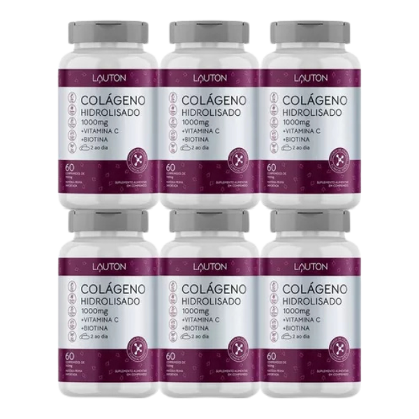 Combo 6 Colageno Hidrolisado Puro 60 Tabletes 1000mg Lauton Sabor Sin Sabor