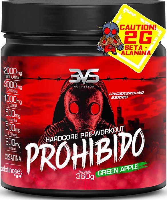 PRÉ TREINO   PROHIBIDO 360g  3VS - Sabor: Green Apple - Fórmula Exclusiva com 8 ingredientes