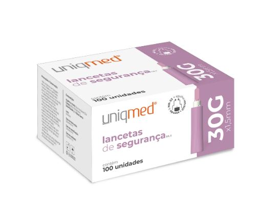 Lancetas de Segurança PAII 30G (0,30mm) x 1.5mm - Cx com 100 uni  -Uniqmed