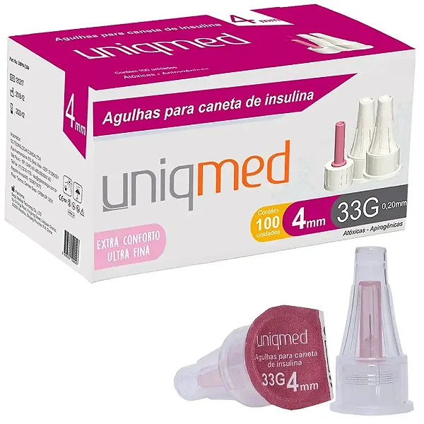 Agulhas Caneta Insulina 4mm (33G 0,20mm) c/100 Uni Uniqmed