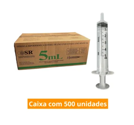 Seringa Hipodérmica SR Luer Slip sem agulha 500 unidades com capacidade de 5mL