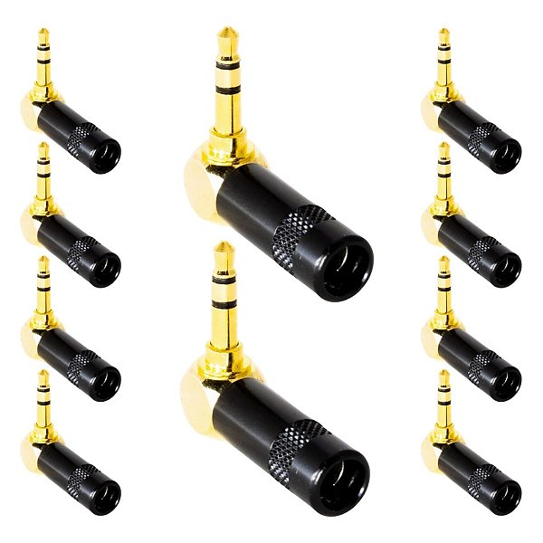 Kit com 10 Conectores P2 Stereo 90 Graus Preto Metal Gold Storm