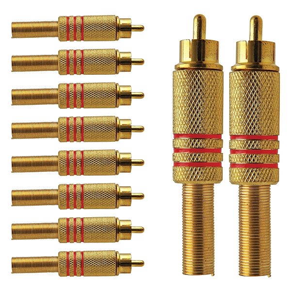Kit com 10 Conectores Linha RCA Macho Metal Gold Vermelho Storm