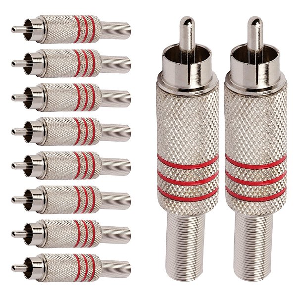 Kit com 10 Conectores Linha RCA Macho Metal Niquel Vermelho Storm
