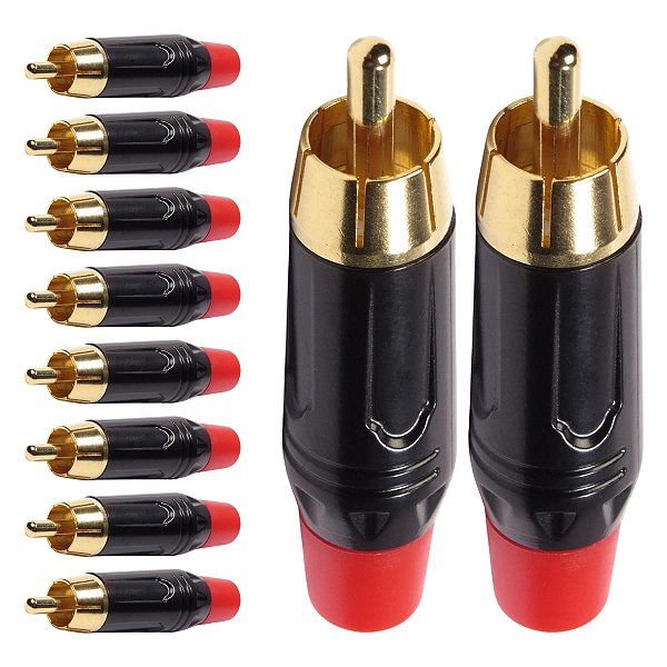 Kit com 10 Conectores Linha RCA Macho Vermelho Metal Storm