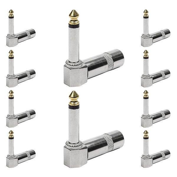 Kit com 10 Conectores P10 Macho Linha Mono 90 Graus Metal Ponta Gold Storm