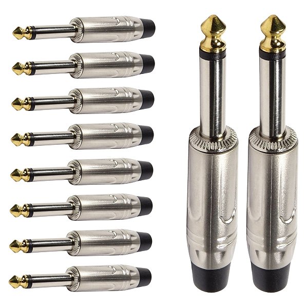 Kit com 10 Conectores P10 Macho Linha Mono Metal Ponta Gold Storm