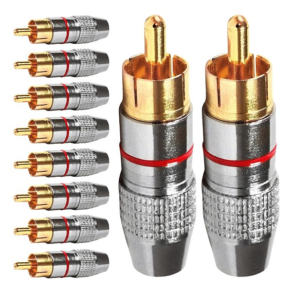 Kit com 10 Conectores Linha RCA Macho Profissional Vermelho Storm