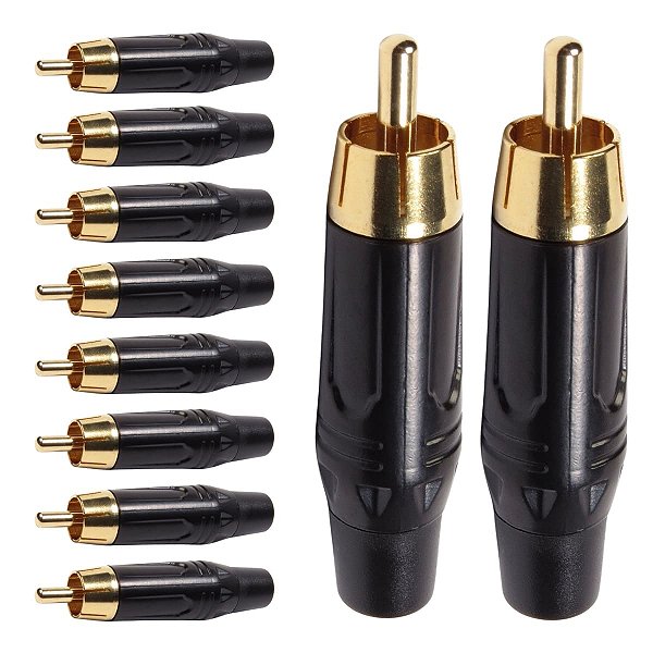 Kit com 10 Conectores Linha RCA Macho Preto Metal Storm