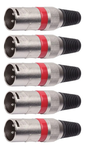 Kit com 5 Conectores XLR Macho Linha Vermelho Metalico Storm