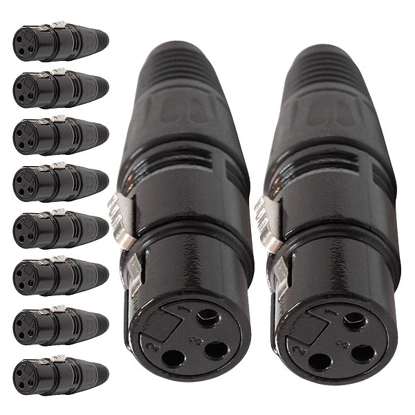 Kit com 10 Conectores XLR Fema Linha Corpo Preto Metalico Storm