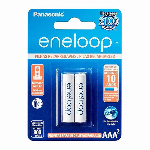 Kit com 2 Pilhas Recarregáveis Eneloop Std AAA Palito Panasonic