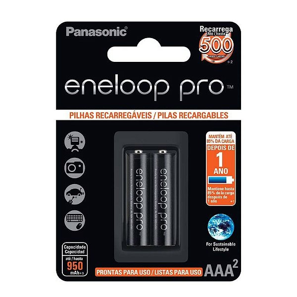 Kit com 2 Pilhas Recarregáveis Eneloop Pro AAA Palito Panasonic