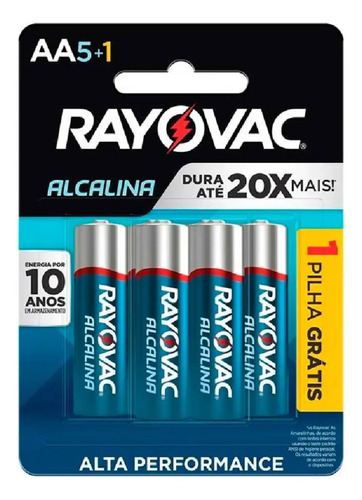 Kit com 6 Pilhas Alcalinas AA Pequena Rayovac