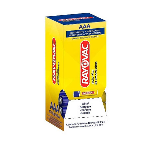 Kit com 40 Pilhas de Zinco Amarelinhas em Tubo AAA Palito Rayovac