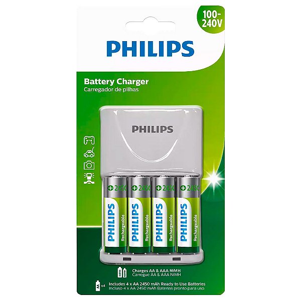 Kit com 1 Carregador e 4 Pilhas AA Pequena SCB Philips