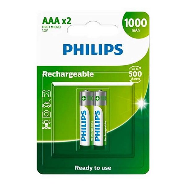 Kit com 2 Pilhas Recarregáveis AAA Palito 1000mAh Philips