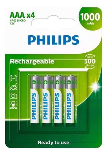 Kit com 4 Pilhas Recarregáveis AAA Palito Philips