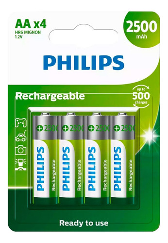Kit com 4 Pilhas Recarregáveis AA Pequena Philips
