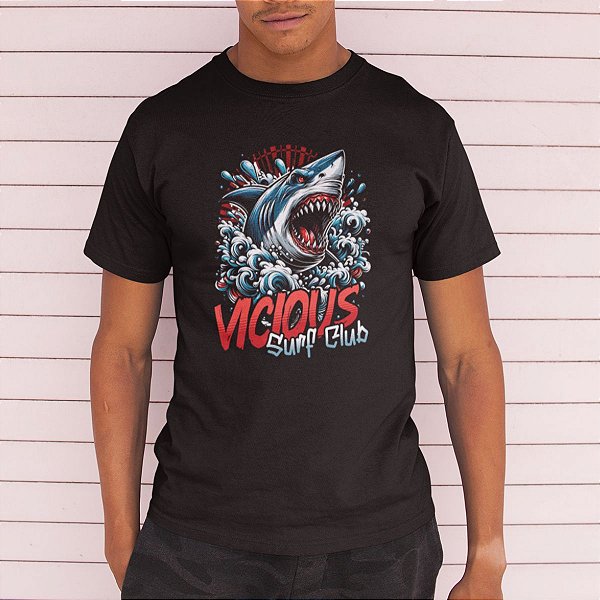 Camiseta Masculina  Tubarão Vicious Surf Club Shark Praia 100% Algodão Premium