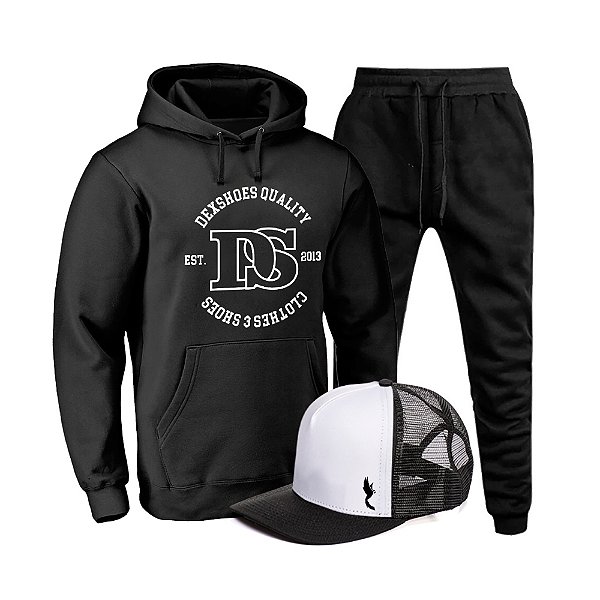 Kit Conjunto de Moletom Unissex Flanelado Calça e Blusa Estampada Bolso Único Capuz Punhos com Bone do P ao EXG