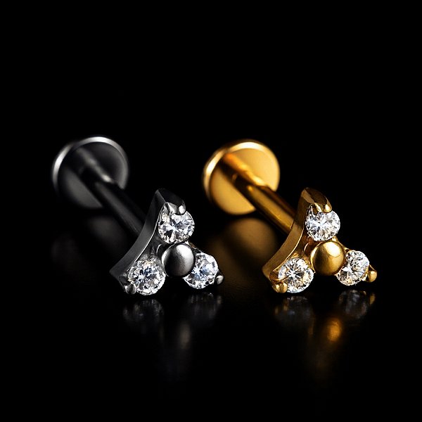 Piercing Trinity Titânio Hipoalergênico 3 Zircônias Labret Rosca Interna Trágus Hélix Conch Flat