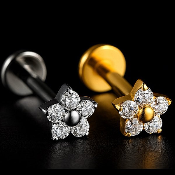 Piercing Mini Flor Titânio Zircônia Cravejada Labret Rosca Interna Trágus Hélix Conch Flat Lóbulo