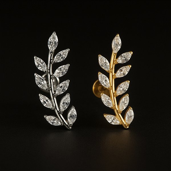 Piercing Orelha Folha Ramos Titânio Labret Hélix Conch Flat Scapha Zircônia