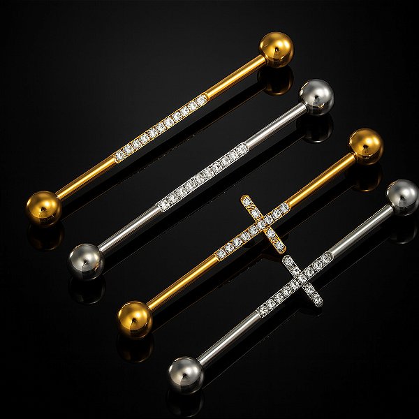 Piercing Transversal Industrial Titânio Zircônia Cravejada Cruz Cartilagem 36mm 38mm 1.2mm 1.6mm