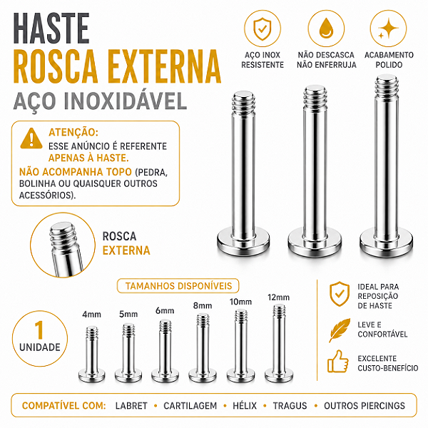 Haste Piercing Labret Rosca Externa Aço Inoxidável
