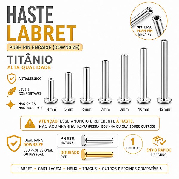 Haste Piercing Labret Titânio Push Pin