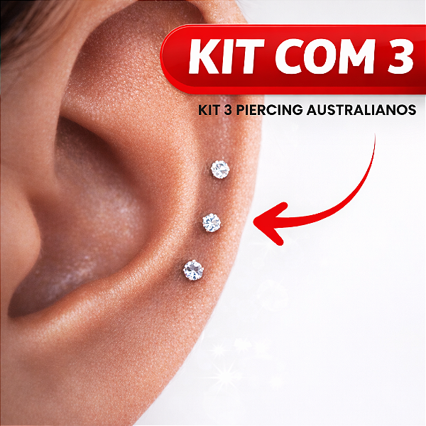 Piercing Australiano Titânio Micro Piercing Mid Hélix Kit 3 Un Zircônia 2mm