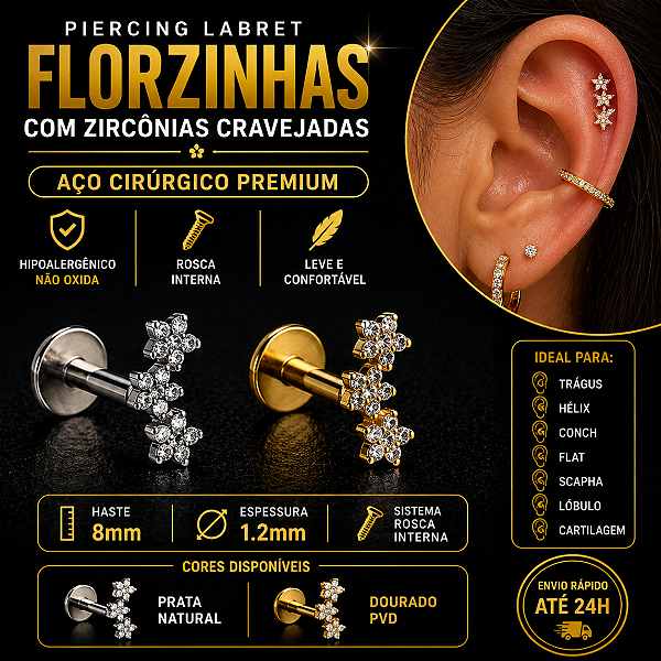 Piercing Labret Aço Cirúrgico Cluster Flor Zircônia Rosca Interna Trágus Hélix Conch Flat Scapha Lóbulo