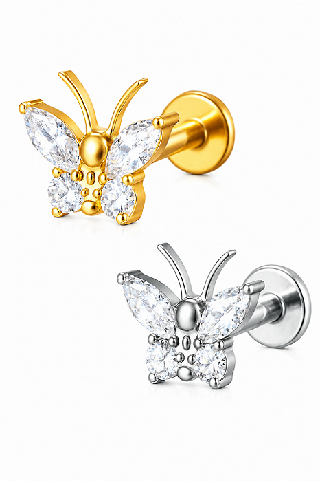 Piercing Labret Borboleta Zircônias Cravejadas Titânio 100% Hipoalergênico Rosca Interna