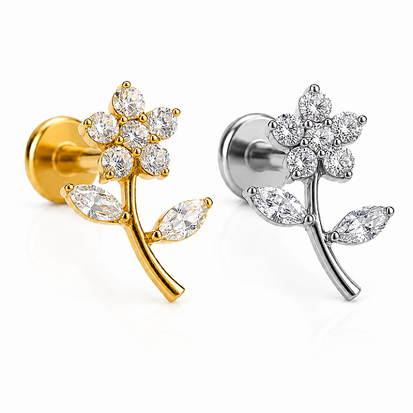 Piercing Labret Flor Titânio Zircônia Cravejada Hélix Trágus Conch Flat Lóbulo Prata Dourado Seguro