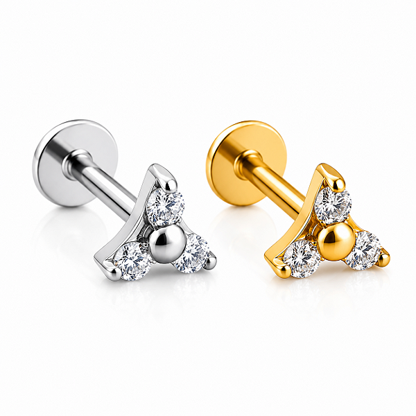 Piercing Trinity Titânio Hipoalergênico 3 Zircônias Labret Rosca Interna Trágus Hélix Conch Flat