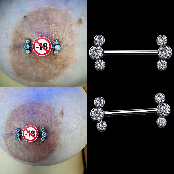 Piercings de Mamilo 3 Pedras (Trio Zircônias)  Titânio – Barbell