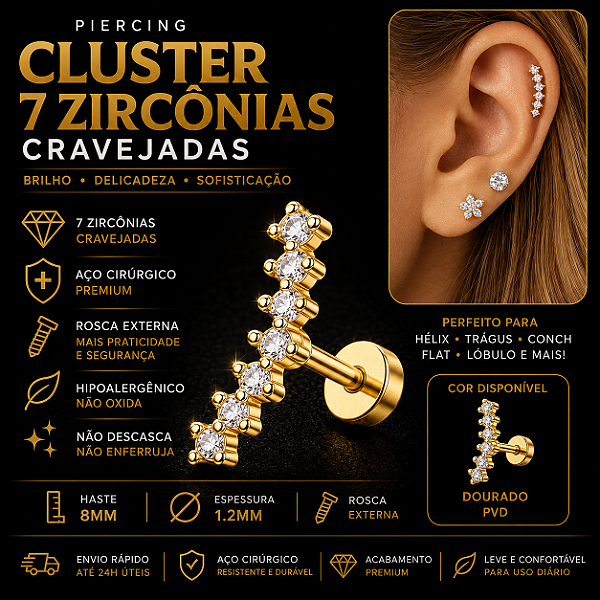 Piercing Cluster Zircônia Aço Cirúrgico Dourado Hélix Conch Flat Trágus Lóbulo Labret 7 Pedras