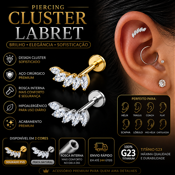 Piercing Cluster Labret Aço Cirúrgico Hélix Trágus Conch Flat Lóbulo Rosca Interna Prata Dourado