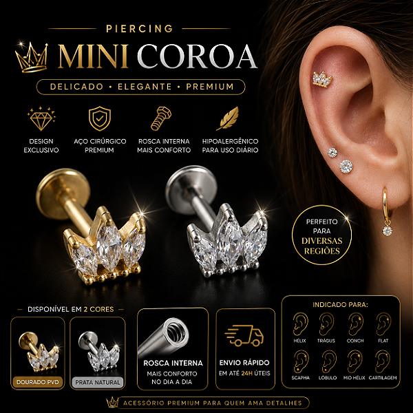 Piercing Mini Coroa Aço Cirúrgico Labret Rosca Interna Hélix Trágus Conch Flat Lóbulo Prata Dourado