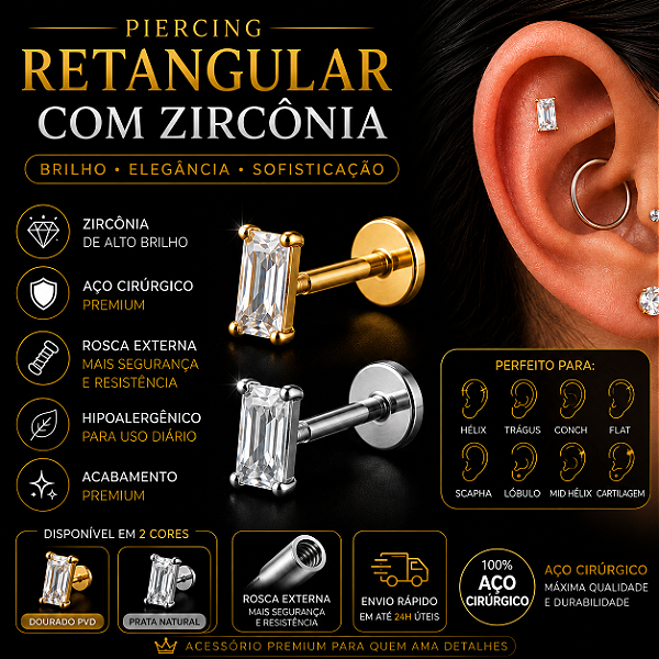 Piercing Retangular Zircônia Labret Aço Cirúrgico Hélix Trágus Conch Flat Lóbulo Prata Dourado